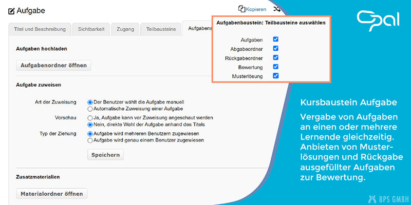 Screenshot der Einstellungen im OPAL-Kurseditor für die Aufgabenstellung und die Zusatzmaterialien im Kursbaustein Aufgabe. Bildtext: Vergabe von Aufgaben an einen oder mehrere Lernende gleichzeitig. Anbieten von Musterlösungen und Rückgabe ausgefüllter Aufgaben zur Bewertung.