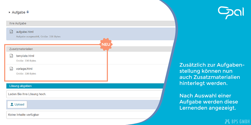 Screenshot Kursbaustein Aufgabe. Hervorgehoben ist der Bereich mit den Zusatzmaterialien. Bildtext: Zusätzlich zur Aufgabenstellung können nun auch Zusatzmaterialien hinterlegt werden. Nach Auswahl einer Aufgabe werden diese Lernenden angezeigt.